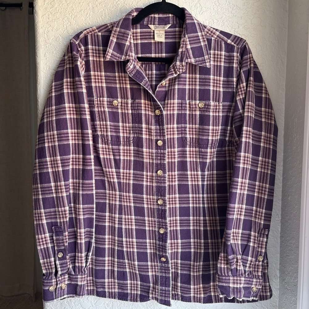Duluth Trading Co Women L Plaid Flannel Shirt Purple Long‎ Sleeve Cotton Country